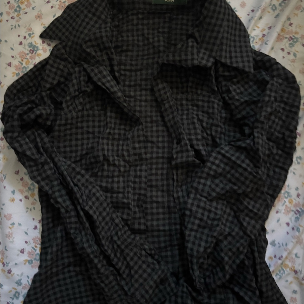 Gingham Collar Buttoned Shirt - Dark grey S/M